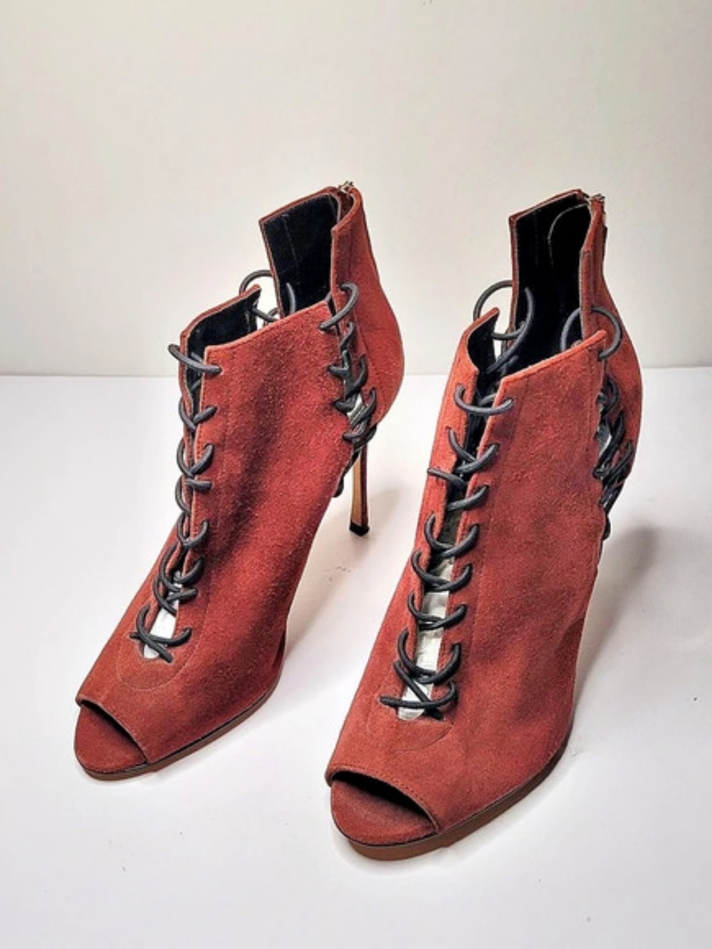 Sergio Rossi "Secret" Suede Lace-Up Peep-Toe Ankle Booties - Burgundy Size: EU37